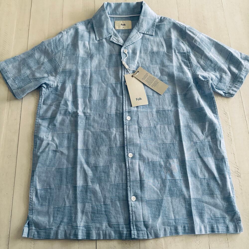 NWT Folk Blue and White Checked ButtonUp Casual Earthy Neutral Boho 100% Cotton